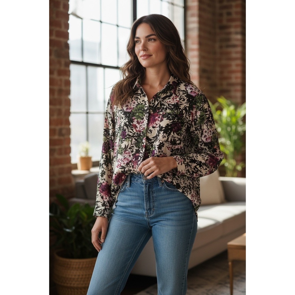 J. Jill Women's Floral Cotton Blouse, Long Sleeve, Button-Up, Multicolor, Size L